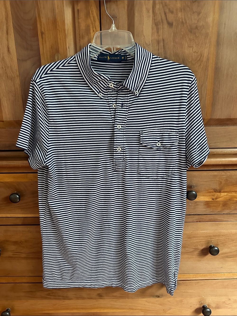 Ralph Lauren Men’s Navy and White Striped Polo with Chest Pocket
